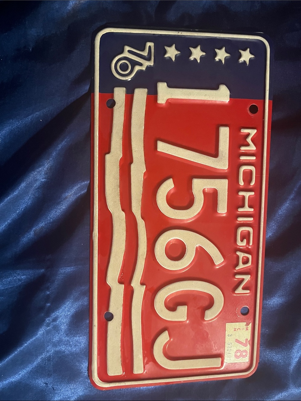 Vintage Michigan License Plate 1756CJ - Red and Blue